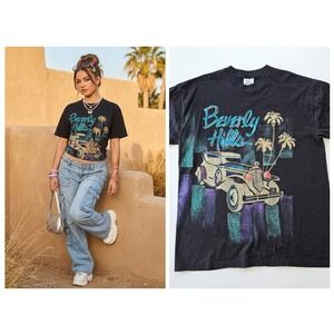 Vintage Beverly Hills Graphic T-Shirt Women XL Black Puff Paint Single Stitch